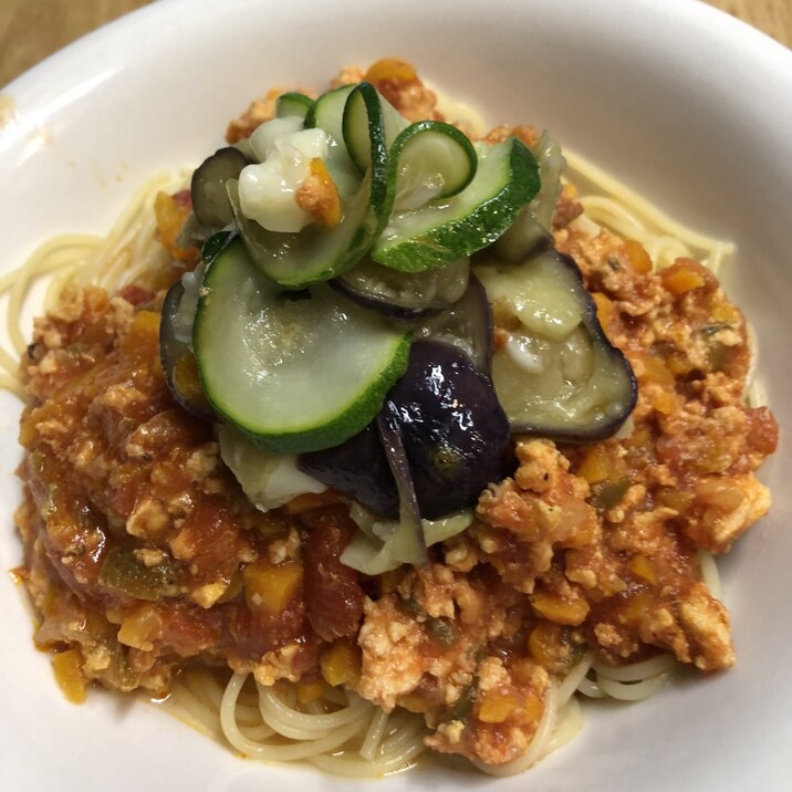 鶏むね肉とトマト野菜のパスタ